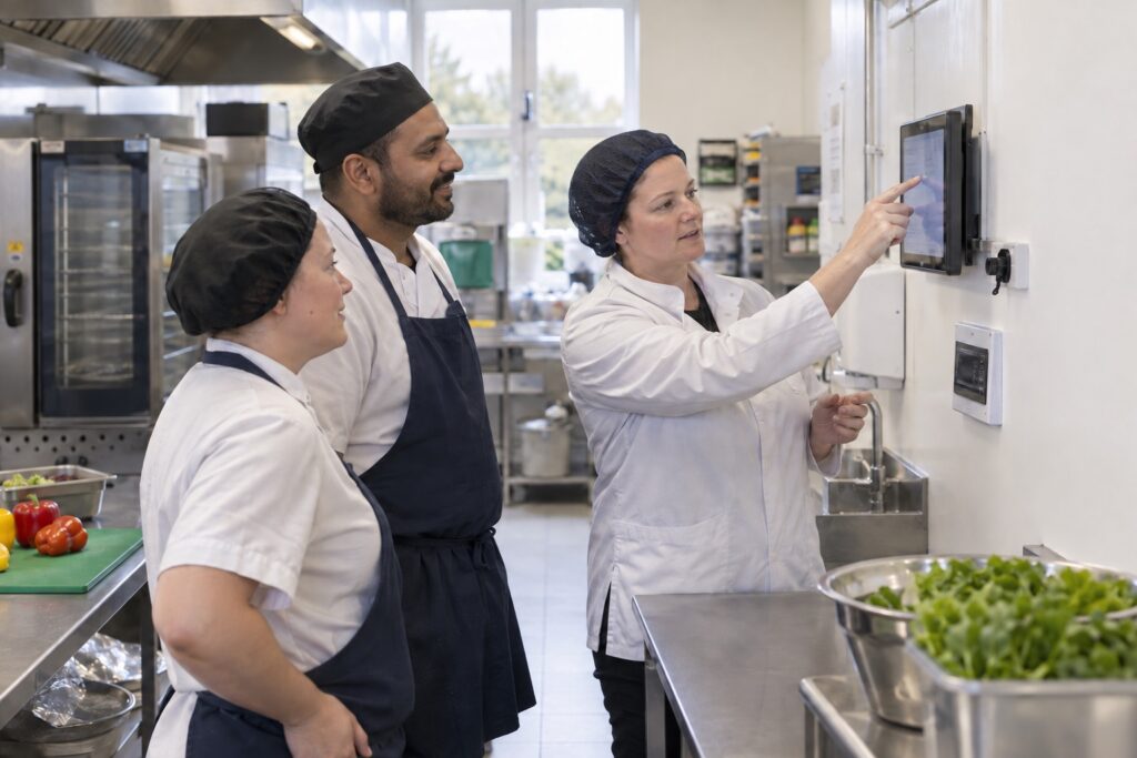 Three kitchen staff completing food safety onboarding on a wall-mounted tablet.