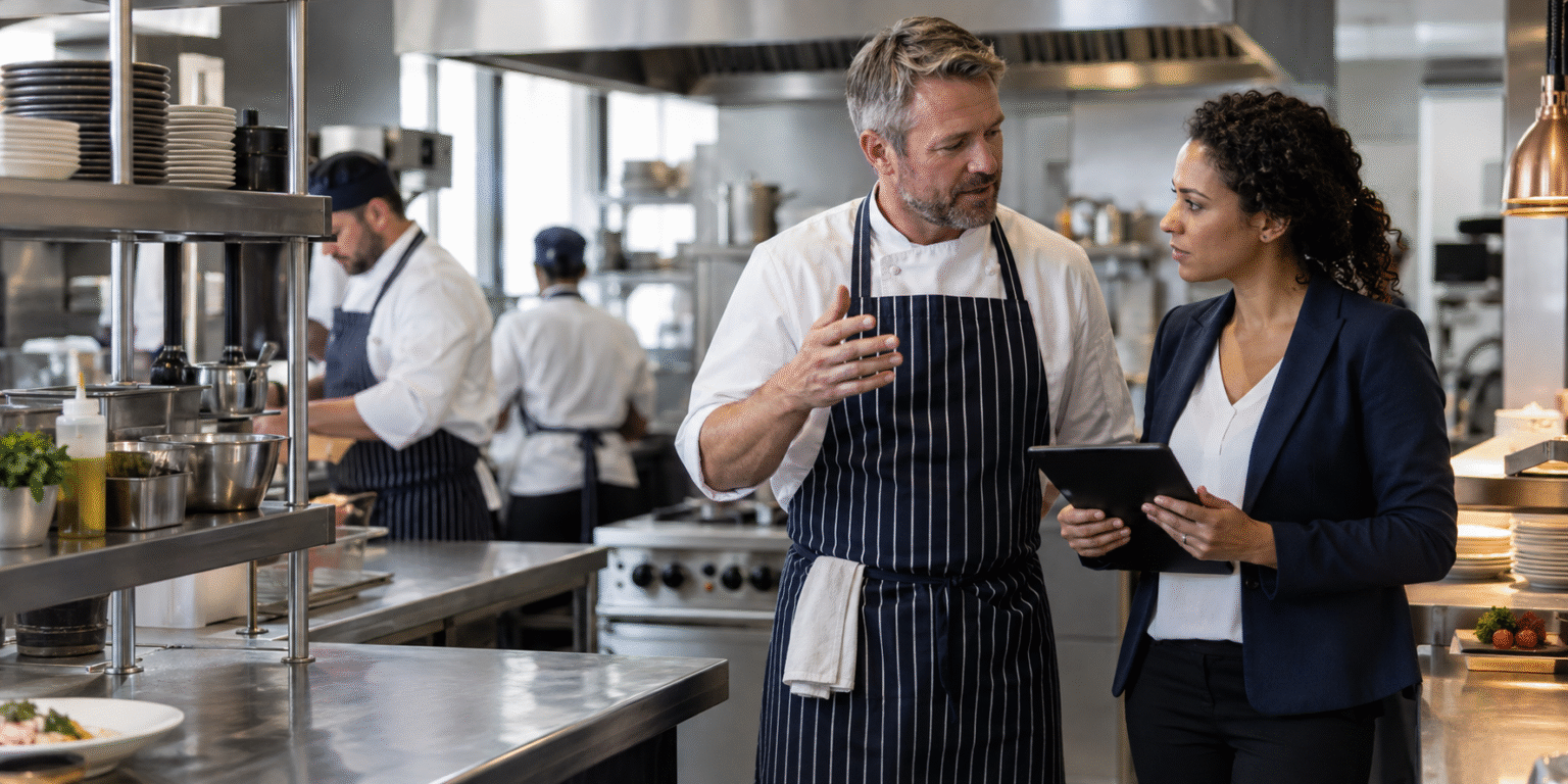 Food safety professional reviewing kitchen procedures with a chef