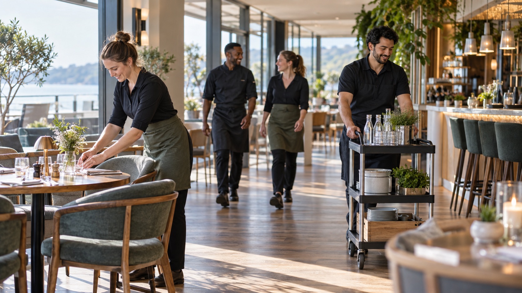 Restaurant staff preparing tables and service equipment in a bright dining area.