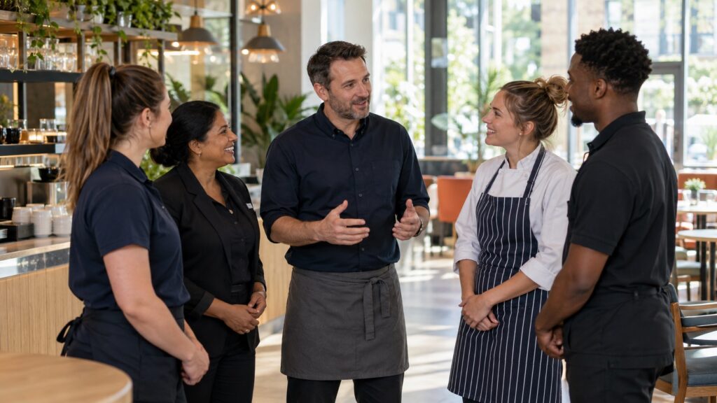 Restaurant manager leading a safety briefing with hospitality team members.